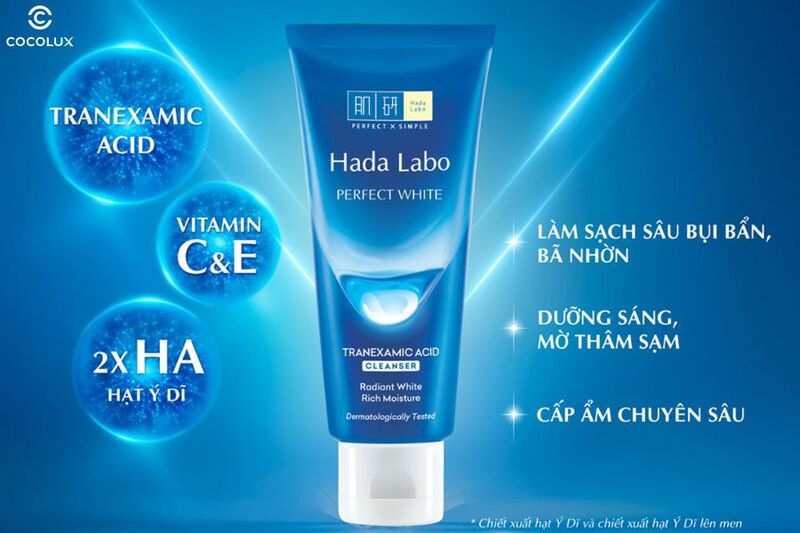 Công dụng chính của sữa rửa mặt Hada Labo Perfect White màu xanh dương