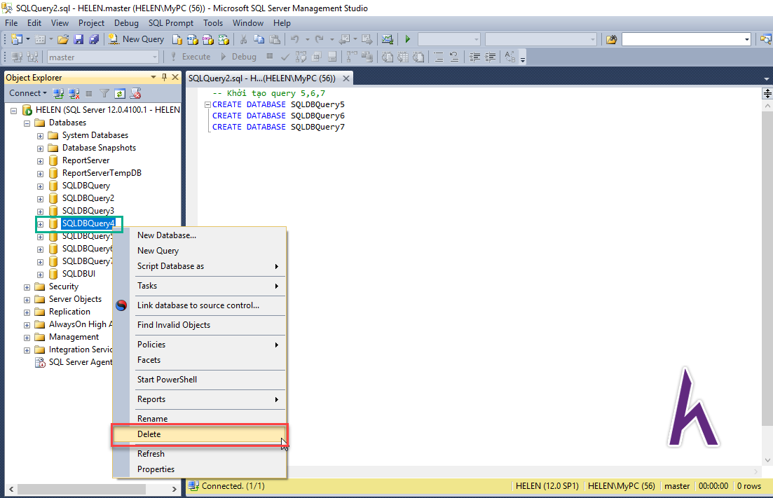 Thao tác xóa Database bằng chuột