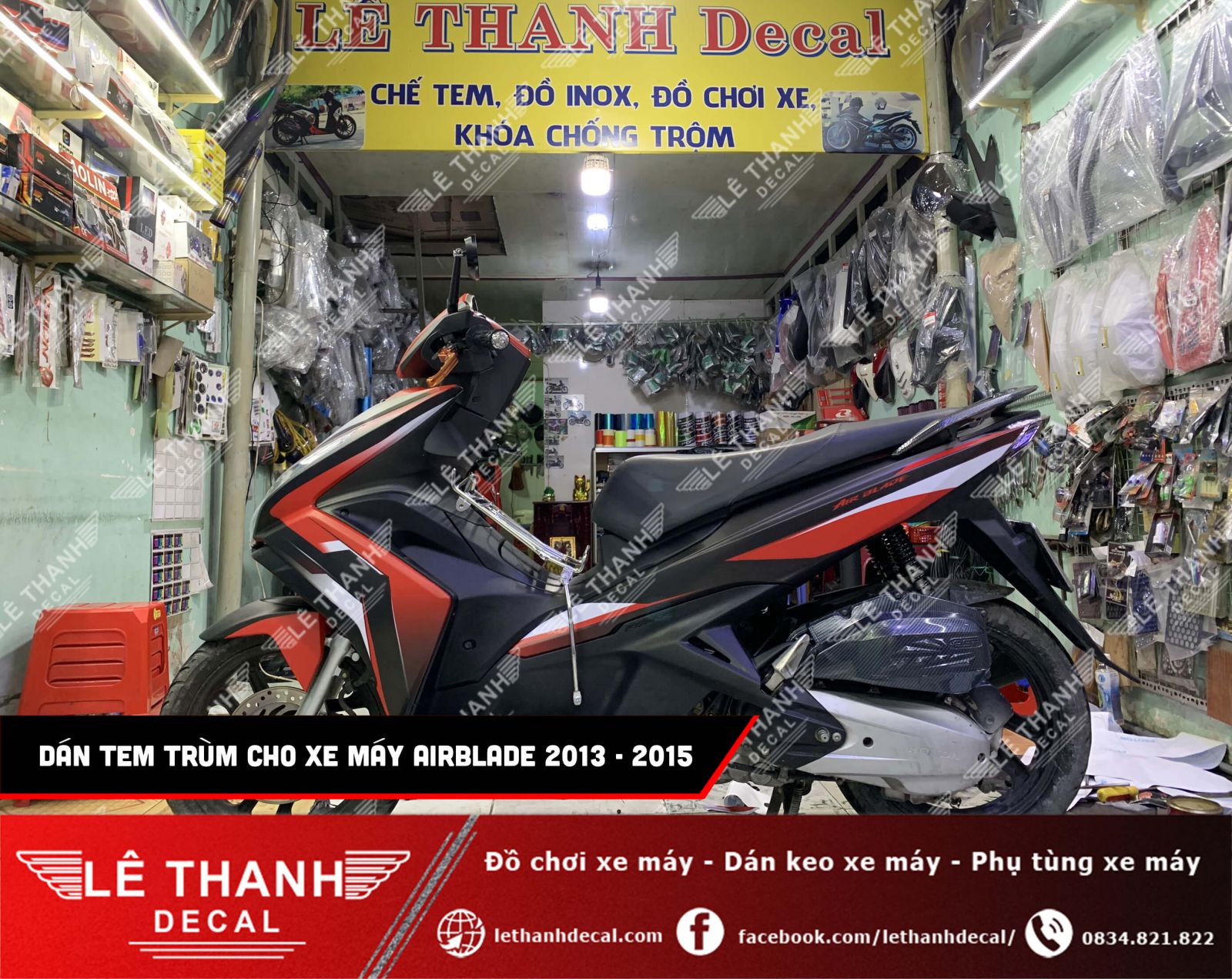 dán tem trùm xe máy AirBlade 2013 - 2015 Đen Đỏ