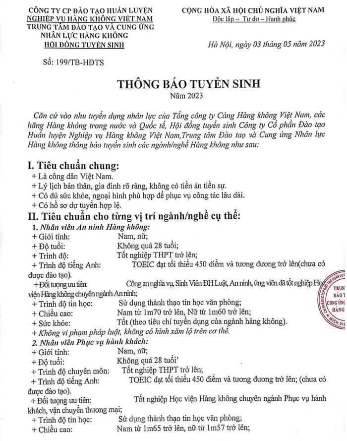 thông báo tuyển sinh đào tạo tiếp viên hàng không