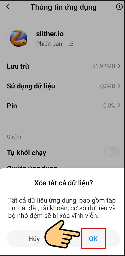 Bước 5: Chọn xóa dữ liệu. Nhấn OK