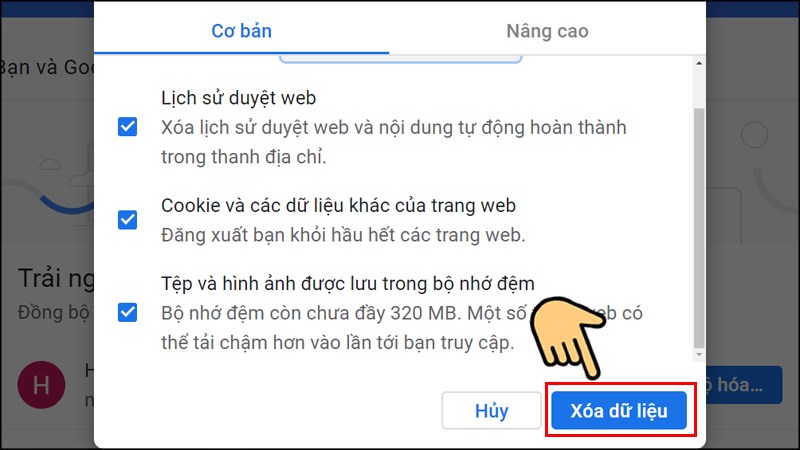 Một cửa sổ hiện ra bạn lựa chọn Xóa dữ liệu