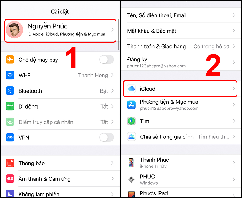 Chọn vào mục iCloud để tùy chỉnh liên quan đến iCloud