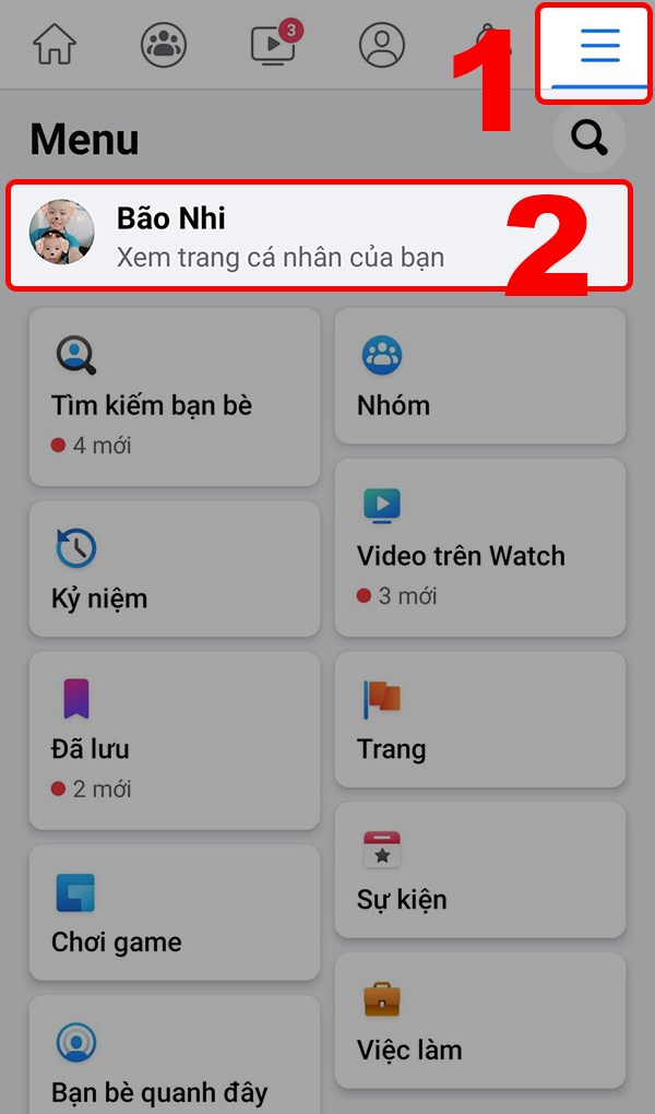 Mở ứng dụng Facebook và chọn vào dấu 3 gạch bên phải màn hình. Chọn Xem trang cá nhân của bạn.