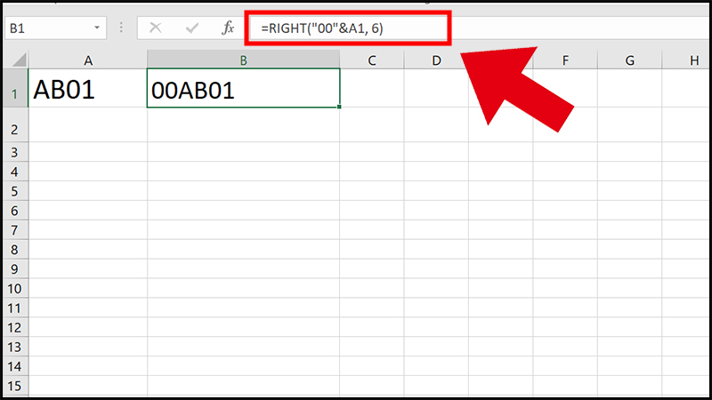 Nhập công thức: =RIGHT(“00”&A1,6)