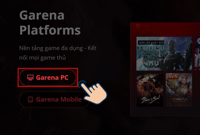 Vào trang chủ Garena và chọn Garena PC.