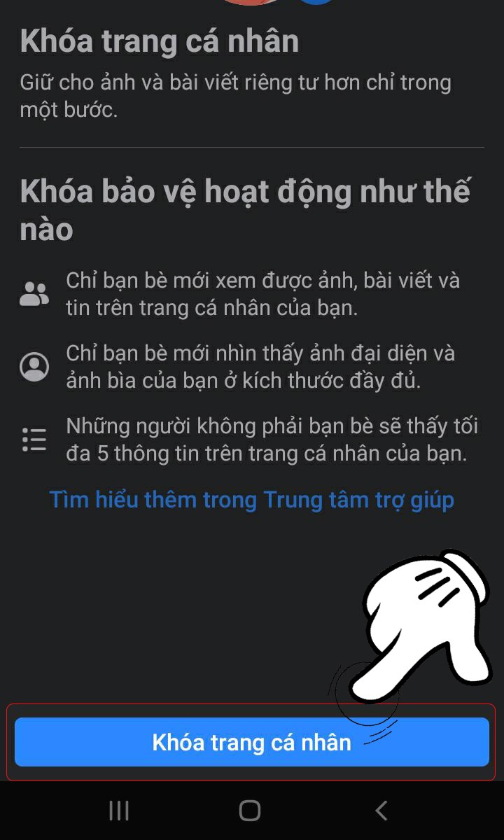 Click vào Khóa bảo vệ trang cá nhân