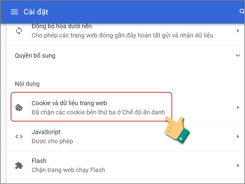 Chọn Cookie và dữ liệu trang web