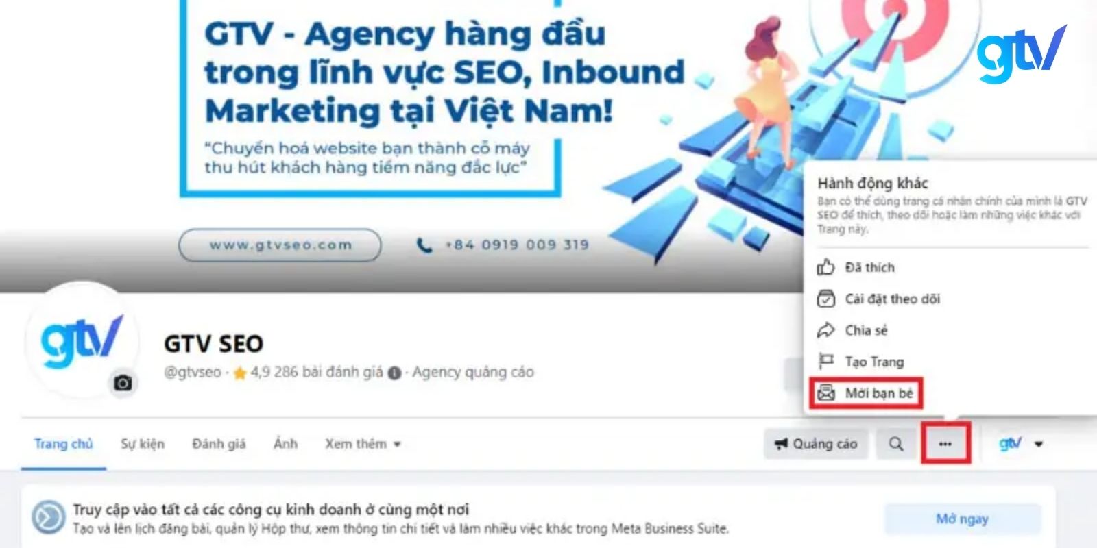 Nhấn vào dấu ba chấm và chọn “Mời bạn bè” like page.