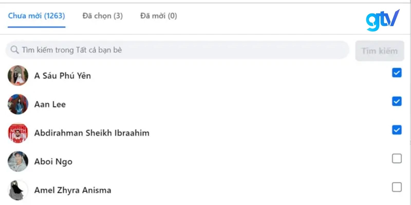 Bạn có thể dùng thanh công cụ tìm kiếm tên cụ thể hoặc chọn từ danh sách phía dưới