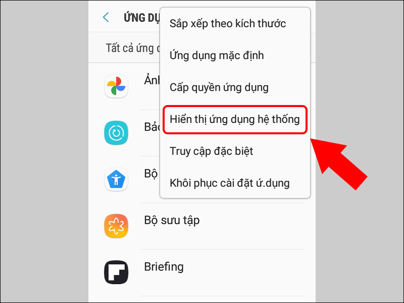 Chọn Hiển thị ứng dụng hệ thống trong cài đặt điện thoại