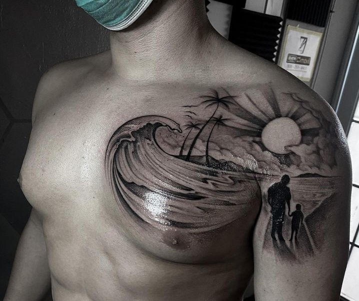 tattoo cha dắt tay con đi trên biển