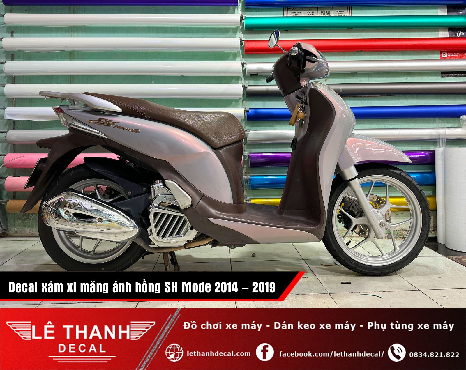 Dán decal đổi màu xám xi măng ánh hồng SH Mode 2014 - 2019