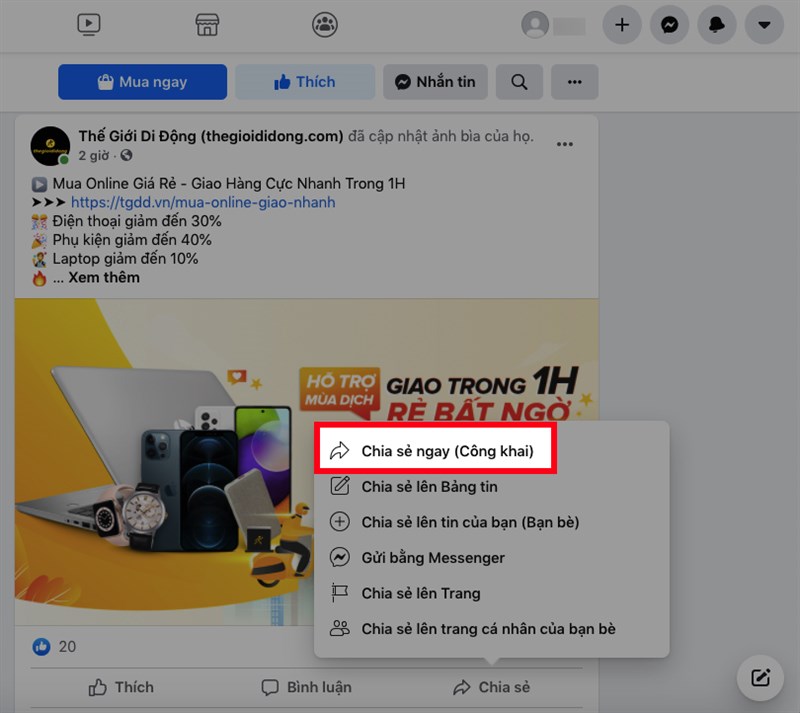 Chọn Chia sẻ ngay và bạn sẽ không thể gắn thẻ bạn bè, thêm nhãn dán, vị trị, viết cảm nghĩ về bài viết mà bạn chia sẻ