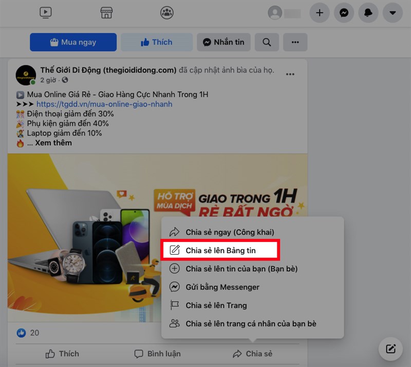Hoặc chọn Chia sẻ lên Bảng tin