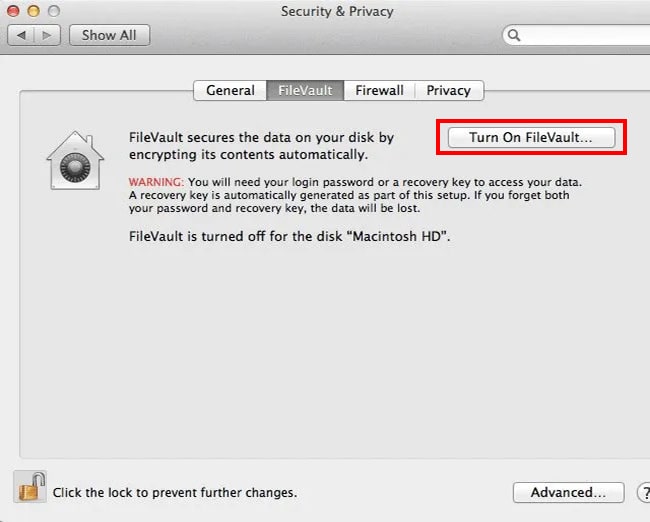 Để bắt đầu kích hoạt hãy lựa chọn vào mục Turn On FileVault