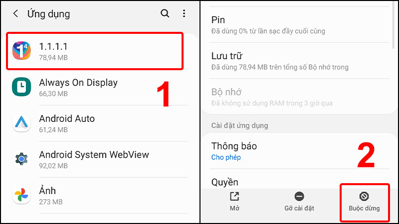 Nhấn vào ứng dụng không cần thiết và nhấn Buộc dừng