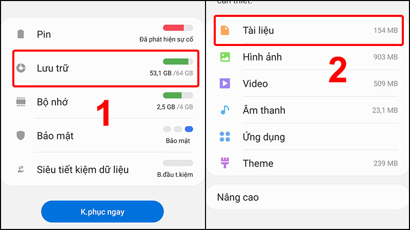 Vào Lưu trữ và nhấn vào từng thư mục để xem xét nên xóa file không cần thiết nữa