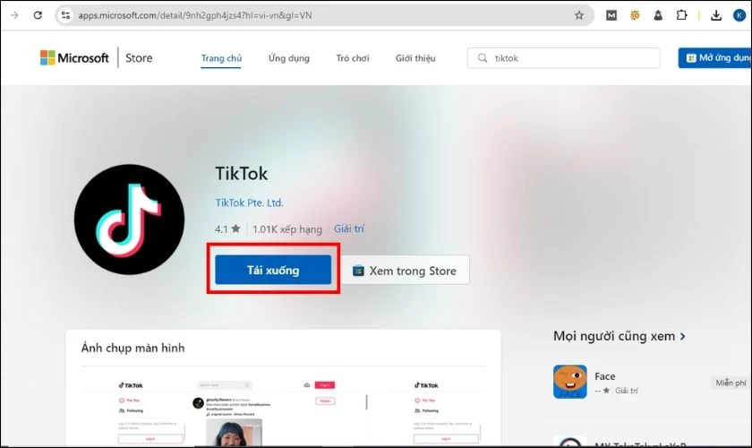 Tìm kiếm ứng dụng TikTok trên Microsoft Store và ấn tải về