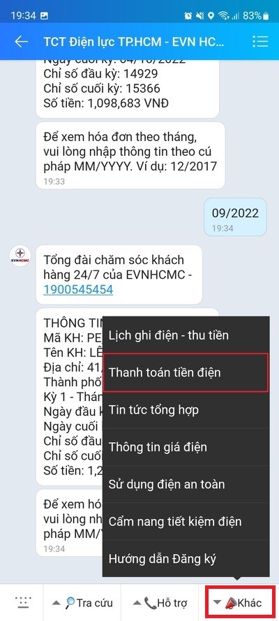 Chọn ô khác và sau đó chọn thanh toán tiền điện