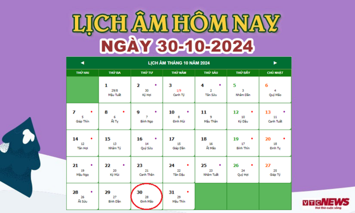 Xem lịch âm hôm nay ngày 30/10/2024.