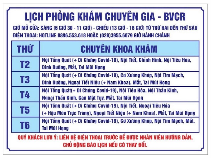 Lịch phòng khám chuyên gia bệnh viện Chợ Rẫy. Nguồn: Thông tin bệnh viện