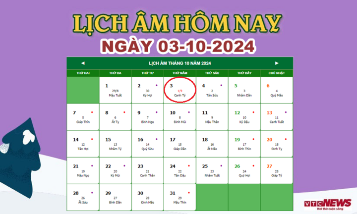 Xem lịch âm hôm nay ngày 3/10/2024