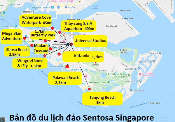 Bản đồ các địa điểm du lịch ở đảo Sentosa Singapore