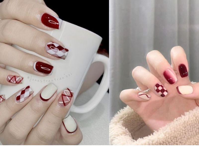 Mẫu nail màu đỏ rượu kiểu nửa móng