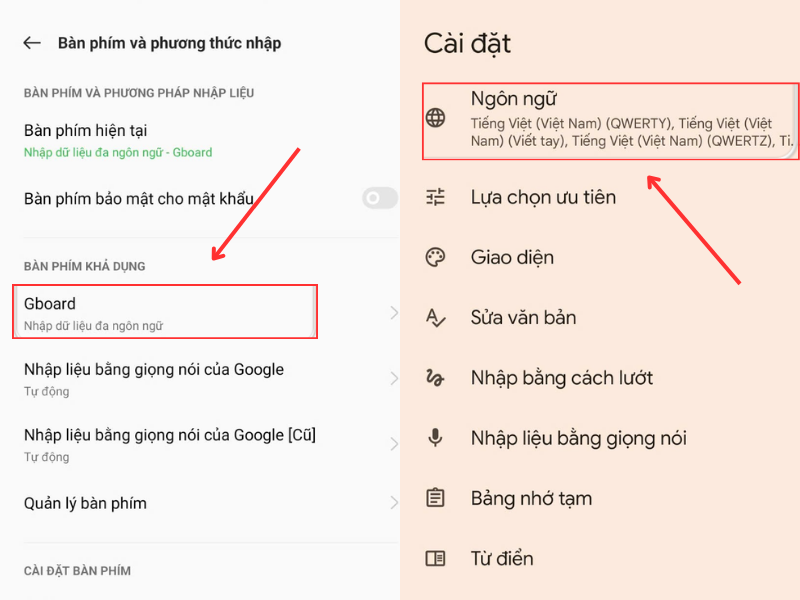  Chọn Gboard và chọn Ngôn ngữ