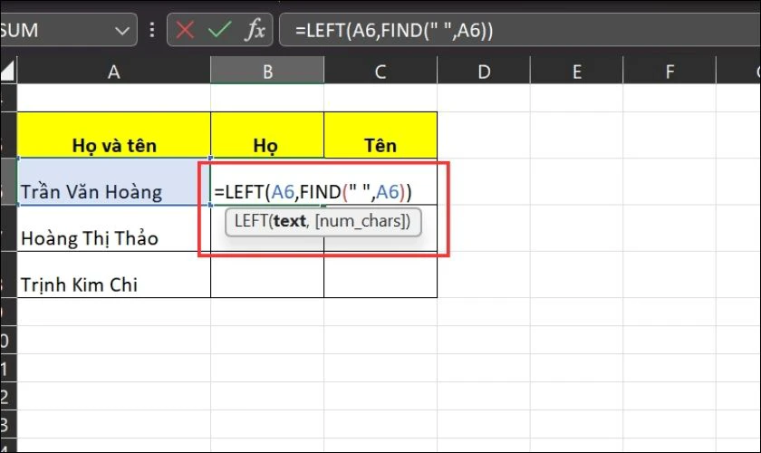 Nhập hàm LEFT để chia cột trong Excel