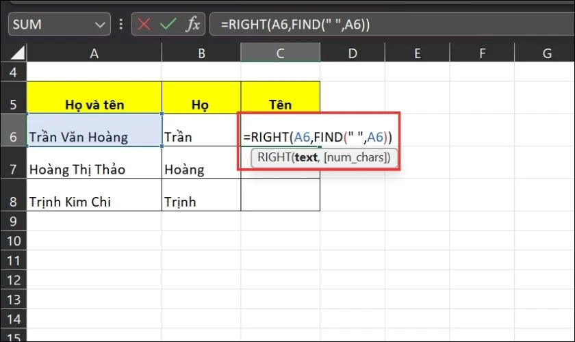 Cách sử dụng Hàm Right để chia đôi cột trong Excel