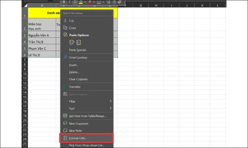 Nhấn chuột phải chọn Format Cells