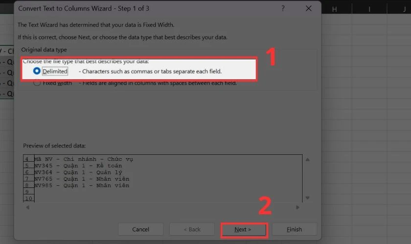 Tích vào ô Delimited sau đó chọn Next