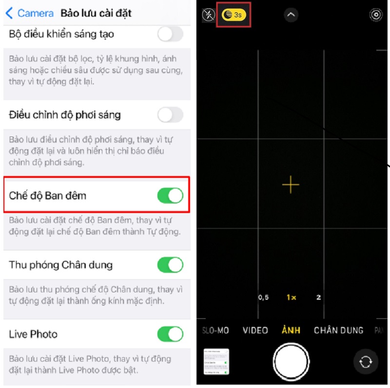 Điều chỉnh chế độ ban đêm khi chụp ảnh