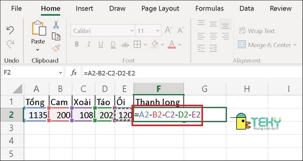 Thực hiện hàm tính trừ trong excel với nhiều ô