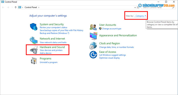 Chọn Hardware and Sound như hình