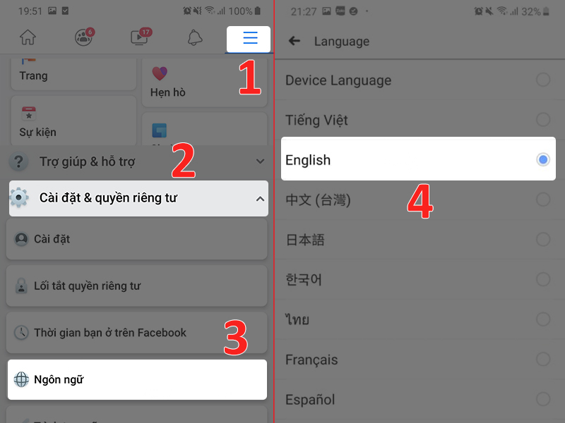 Hướng dẫn đổi tên Facebook bằng cách chuyển ngôn ngữ sang tiếng khác