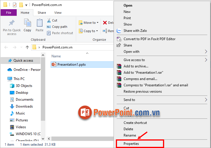 Cách đổi tên file PowerPoint bằng Properties