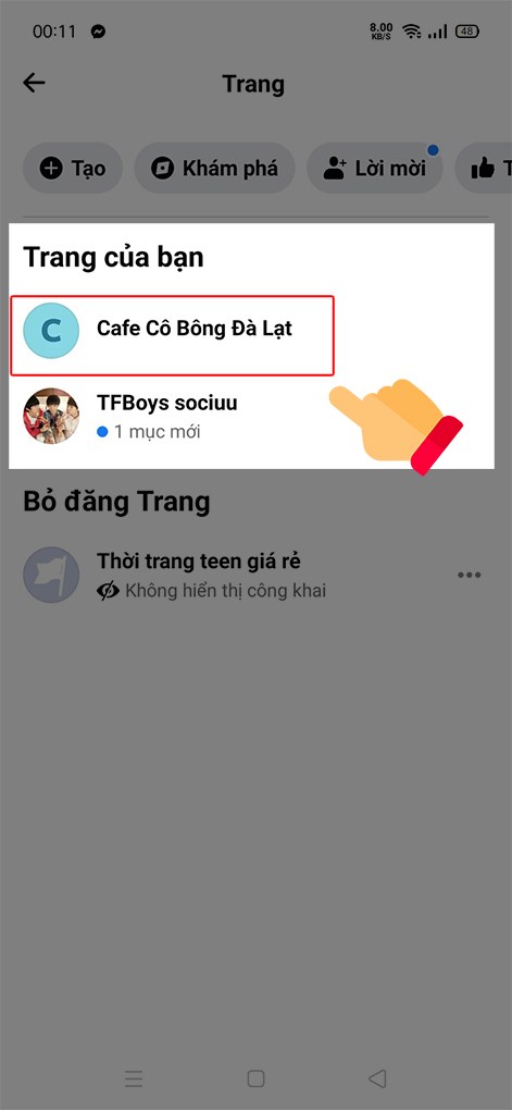 Kéo xuống chọn biểu tượng Trang.