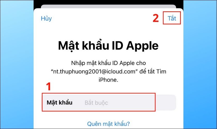 nhập mật khẩu icloud để tắt tính năng tìm iphone