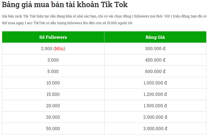 bảng giá mua follow tiktok