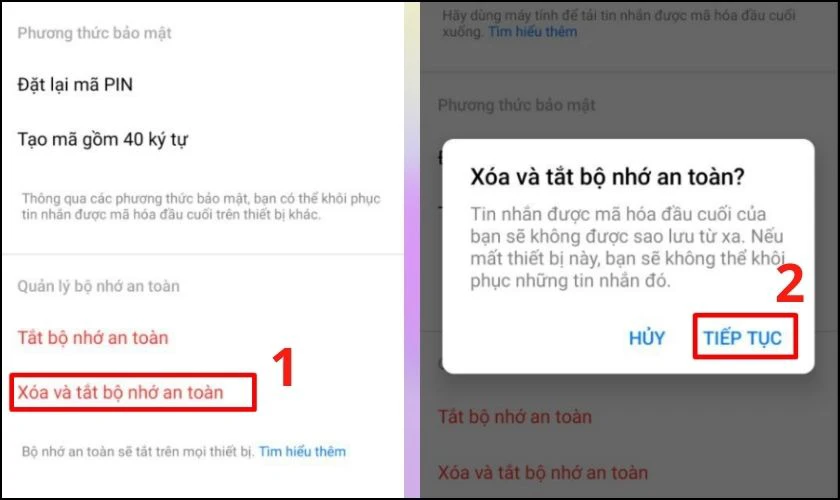 Xóa và tắt bộ nhớ an toàn và chọn Tiếp tục