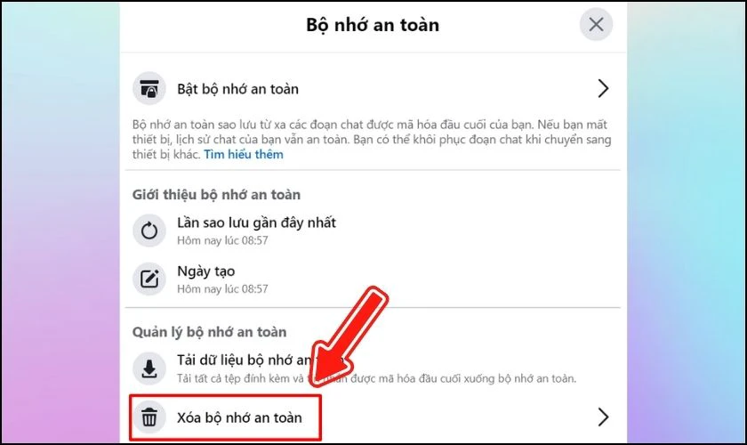 Tiếp theo bạn chọn xóa Bộ nhớ an toàn