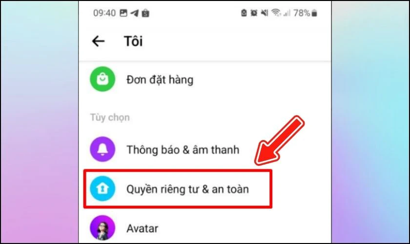 Chọn Quyền riêng tư và an toàn