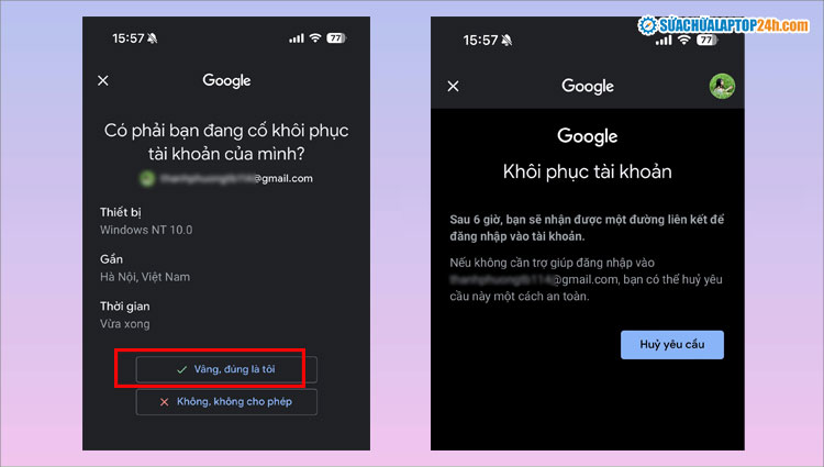 Xác minh yêu cầu khôi phục Gmail trên thiết bị khác như hình