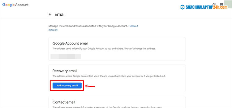 Thêm email khôi phục tại mục Add recovery email
