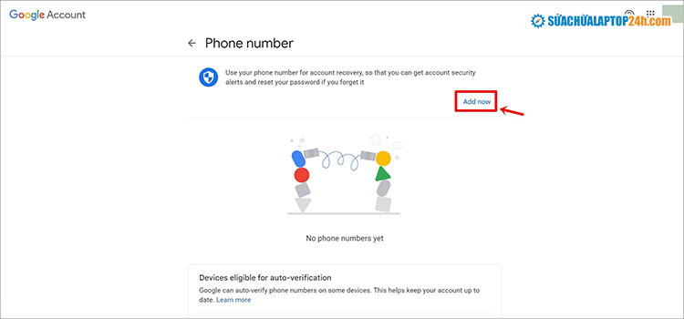 Chọn Add now để bổ sung số điện thoại khôi phục mật khẩu Gmail