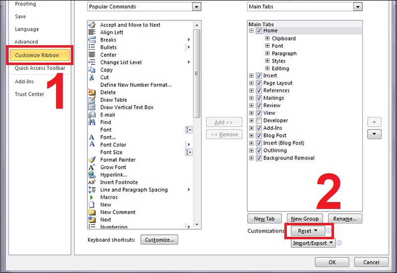 Chọn Reset trong Customize Ribbon