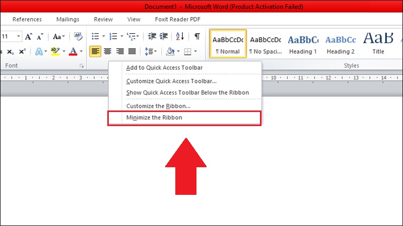 Chọn Minimize the Ribbon để ẩn thanh công cụ